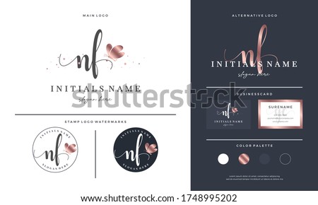 initial letter NF N F handwriting logo design with butterfly. Feminine branding for beauty salon, massage, cosmetics or spa.