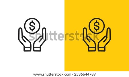 Hands and money coin logo icon. Hands holding dollar coin money symbol. Hands giving money donation. Saving money coin dollars care logo icon design template