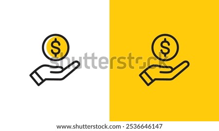 Hands and money coin logo icon. Hands holding dollar coin money symbol. Hands giving money donation. Saving money coin dollars care logo icon design template