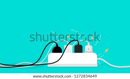 Overload plug in power outlet in horizontal position. Danger electricity illustration vector