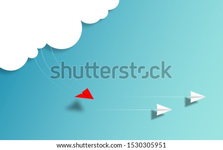 Red Paper airplane  accelerate to chasing white airplane target  illustration in paper art craft style design. paper airplane unique creative business competition idea concept.  vector illustration