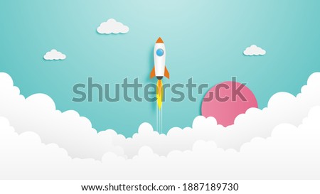 Vector illustration of Rocket launch in paper cut style design. startup business concept illustration.