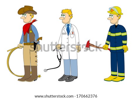 Set of jobs, occupations, professions - cowboy, doctor, fireman, cartoon, comic design, hand drawn, isolated on white background vector art image illustration eps10