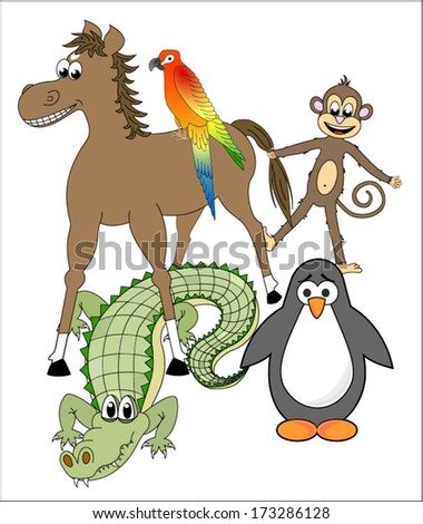 Set of different animals - horse, crocodile, parrot, monkey, penguin. isolated on white background, eps10, vector art image illustration