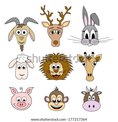 Heads of drawn animals, wild and domestic animals. goat, sheep, cow, giraffe, lion, monkey, deer with horns, rabbits and pigs.vector art image eps10, isolated on white background
