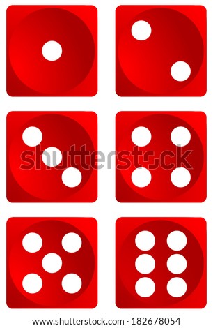Dice for games turned on all sides and with all the numbers. Numbers of dice, one, two, three, four, five, six. Red dice vector art image objects illustration eps10, isolated on white background