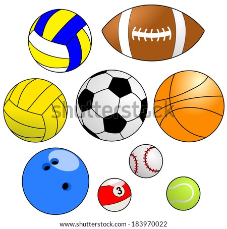 Set, collection of colorful sports balls, detailed design, vector art image illustration, eps10, isolated on white background