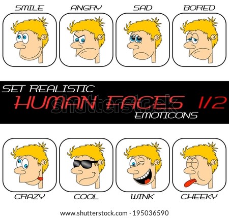 Collection of realistic caricature human face web emoticons. Boy head with hair, nose, eyes, mouth, teeth in different expressions. Set 1/2. vector art image illustration, isolated on white background