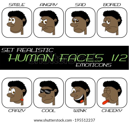 Collection of realistic caricature human face web emoticons. Boy head with hair, nose, eyes, mouth, teeth in different expressions. Set 1/2. vector art image illustration, isolated on white background