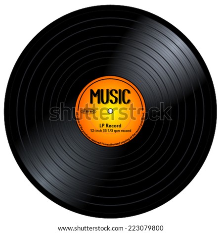 Old, retro black gramophone music record, LP, vintage 33 rpm vinyl long play disc with yellow / orange color label. eps10 vector art image illustration, realistic design. isolated on white background 