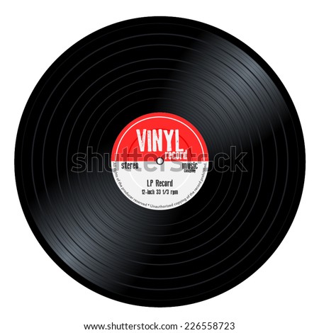 New gramophone vinyl LP record with red label. Black musical long play album disc 33 rpm. old technology, realistic retro design, vector art image illustration, isolated on white background eps10