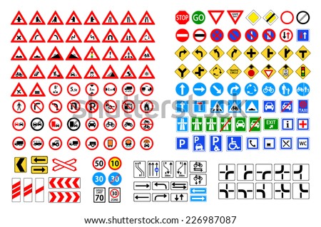 Set of road sign. collection of warning, priority, prohibitory, mandatory... traffic symbol. european and american style design. vector art image illustration, isolated on white background 