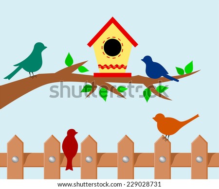Tree branch with bird house. Set of colorful silhouette of birds standing on a wooden rural fence. cartoon childish drawing design, vector art image illustration, pastel blue sky background