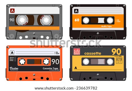 Collection of four plastic audio cassettes tape. Different colorful music tapes. Orange set. old technology, realistic retro design, vector art image illustration, isolated on white background eps10 