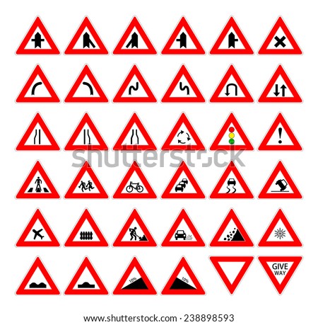 Set of red and black design triangle road safety sign. Collection of car and transportation warning traffic symbol. vector art image illustration, isolated on white background 