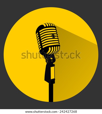 Vintage black silhouette retro stage microphone - web icon in circle frame. old technology concept, flat and shadow theme design sign, vector art image illustration, isolated on yellow background