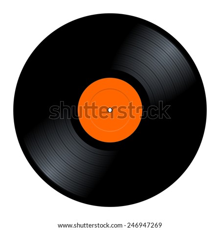 New gramophone vinyl LP record with orange label. Black musical long play album disc 33 rpm. old technology, realistic retro design, vector art image illustration, isolated on white background eps10