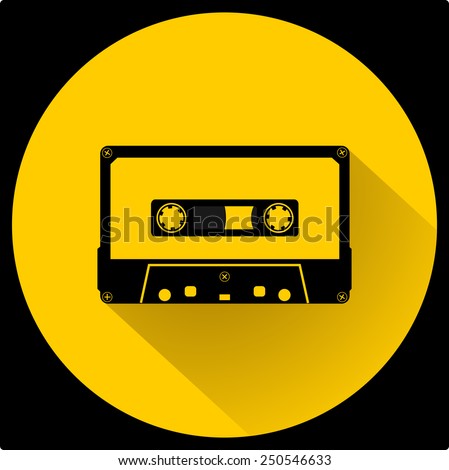 Plastic audio compact cassette tape - web icon. black color music tape. old technology concept, retro style, flat and shadow theme design, vector art image illustration, isolated on yellow background