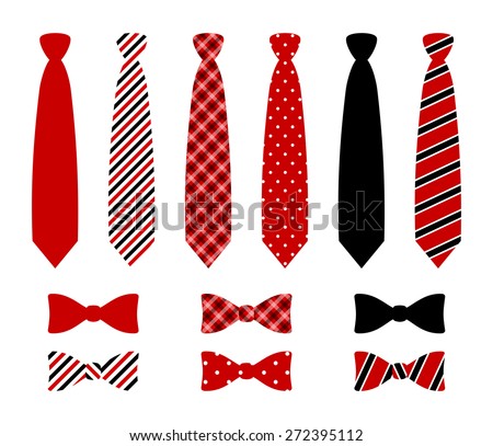 Set of monochrome, plaid, checkered, diagonal lined and polka dot silk ties and bow tie pattern template. Red, blue and black color design. vector art image illustration, isolated on white background