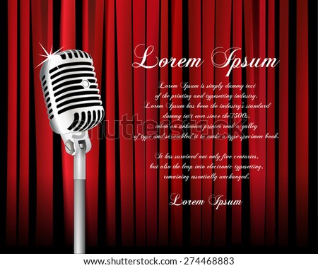 Vintage metal microphone against red curtain backdrop. mic on empty theatre stage, vector art image illustration. stand up comedian night show or karaoke party background with text space. retro design