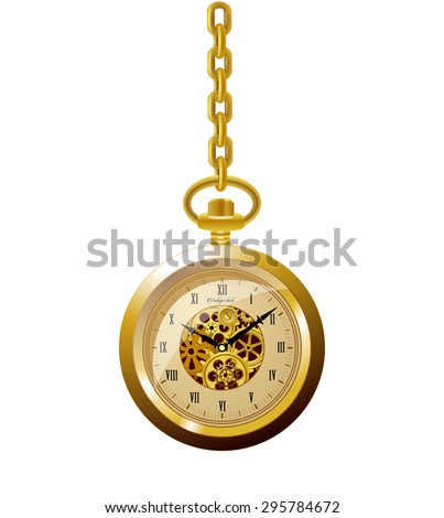 Old 3d vintage mechanical golden round pocket watch with roman numeral, mechanism and gold chain. time on clock is ten hour and ten minute, vector art image illustration, isolated on white background