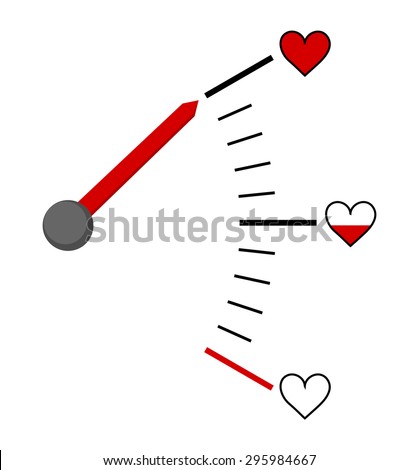 Energy love scale concept. Background for card, poster, flyer, postcards, promotion.. Fuel indicator with red heart showing full. Health symbol, vector art image illustration, isolated on white, eps10