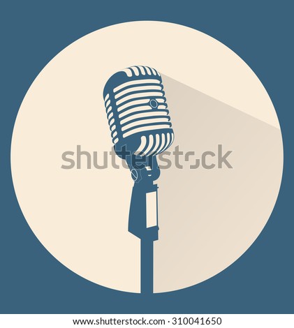 Vintage blue silhouette retro stage microphone - web icon in circle frame. old technology object concept, flat and shadow theme design sign, vector art image illustration, isolated on beige background