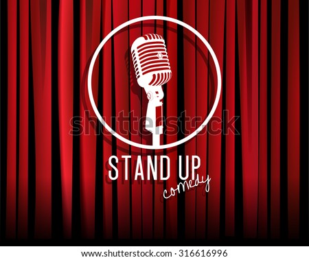 Vintage white silhouette microphone icon against red curtain backdrop. mic on empty theatre stage, vector art image illustration. stand up comedian night show background. realistic retro design eps10