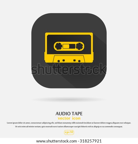 Plastic audio compact cassette tape - web icon. yellow color music tape. old technology concept, retro style, flat and shadow theme design, vector art image illustration, isolated on black background