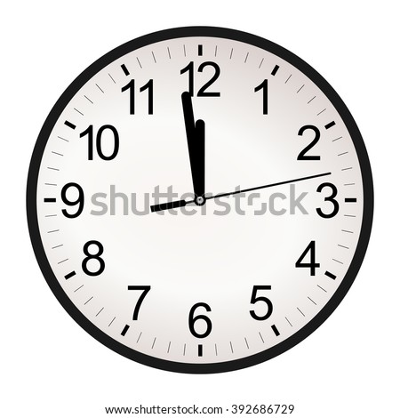Circle retro analog wall clock with black hands and numbers with one minute left to 12 hour. 11:59 / 23:59 time vector art image illustration, isolated on white background, realistic design eps10