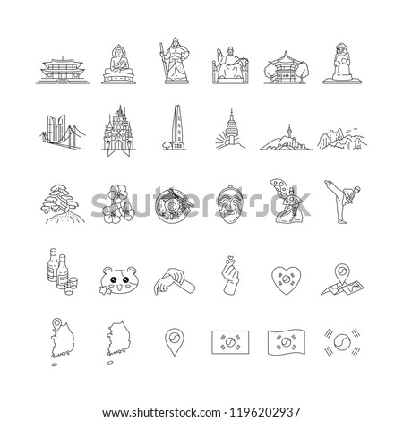 South Korea Travel aTourism and Culture vector icon pack on white background black line stroke South Korea travel tourism destination