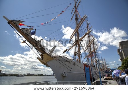 Philadelphia, Pennsylvania, USA- June 28, 2015: People waiting to visit the tall ship Eagle during the Tall Ship Philadelphia 2015. June 28, 2015 in Philadelphia.