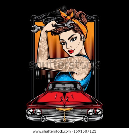 rockabilly girl with lowrider car vector