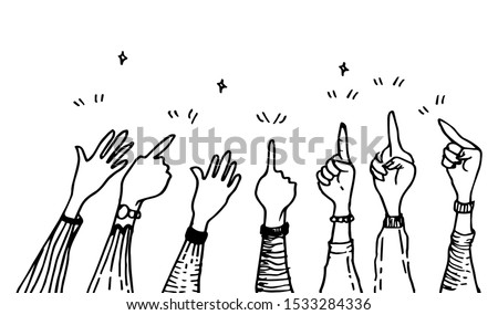 hand drawing with hands up, pointing finger, thumbs up gesture on doodle style , vector illustration