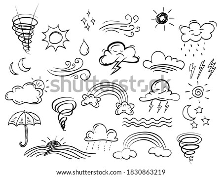 hand drawn set of abstract comic doodle weather elements. with wind, cloud, flash, umbrella, sun, moon, rain, rainbow. isolated on white background. vector illustration