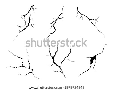 hand drawn cracked glass, wall, ground. lightning storm effect. doodle break set. vector illustration