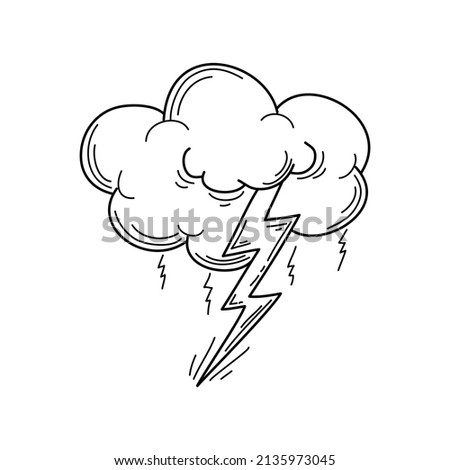 Hand drawn Cloud and lightning bolt icon. Doodle Rainstorm cartoon symbol. vector illustration