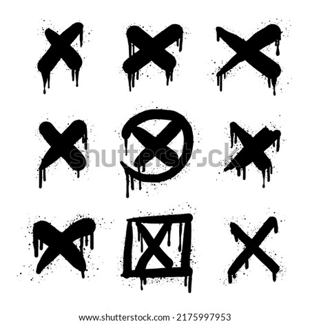 collection of Spray painted graffiti check mark in black over white. X drip symbol. isolated on white background. vector illustration