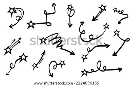 Doodle Arrows with star on Set. arrow icon with various directions. Hand drawn style. design element of vector illustration. isolated on a white background.