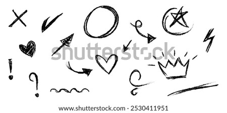 Hand drawn set of doodle emphasis design elements. Crown, arrow, heart, exclamation, star. used for infographic concept design