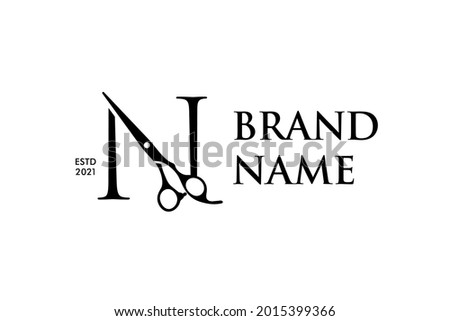 Luxury and Elegant illustration logo design Initial N Scissors for Barbershop and Salon. Logo can work as well in a small size and black white color. Stock fotó © 