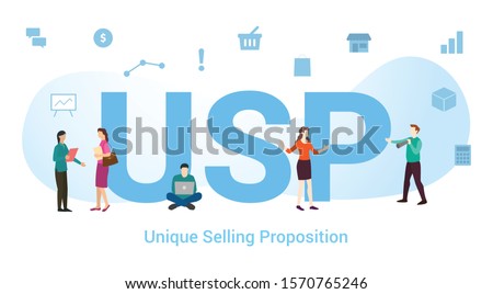 usp unique selling proposition concept with big word or text and team people with modern flat style - vector