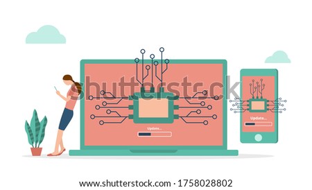 Firmware system update computer and smartphone concept in flat vector design. woman use smartphone stand near large laptop