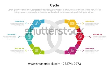 cycle or cycles stage infographics template diagram with linked connection half circle and 6 point step creative design for slide presentation