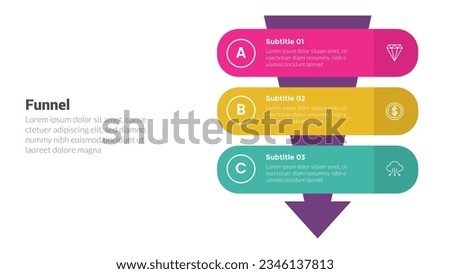 funnel shape infographics template diagram with arrow background and round rectangle shape and 3 point step creative design for slide presentation