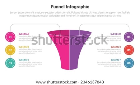 funnel shape infographics template diagram with 3d funnels as center and 6 point step creative design for slide presentation