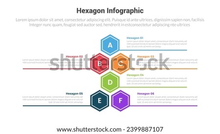 hexagon or hexagonal honeycombs shape infographics template diagram with stack vertical structure with 6 point step creative design for slide presentation