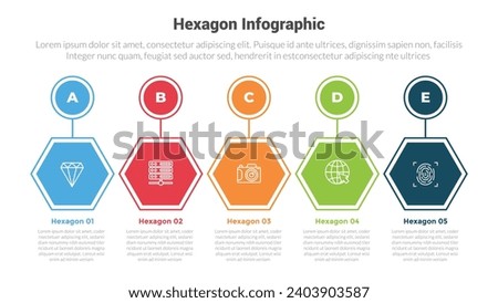 hexagon or hexagonal honeycombs shape infographics template diagram with horizontal timeline with header badge with 5 point step creative design for slide presentation
