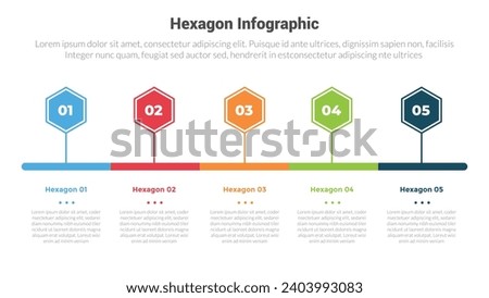 hexagon or hexagonal honeycombs shape infographics template diagram with timeline horizontal direction with header line with 5 point step creative design for slide presentation