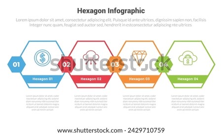 hexagon or hexagonal honeycombs shape infographics template diagram with horizontal outline direction with 4 point step creative design for slide presentation